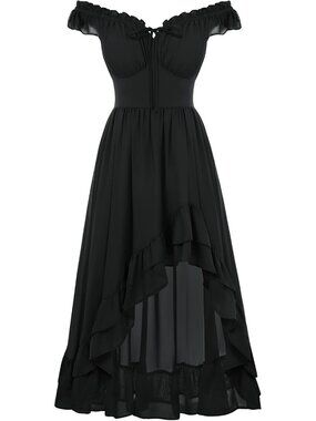 Women's Renaissance Corset Dress Off Shoulder High-Low Chiffon Midi Dress-Black